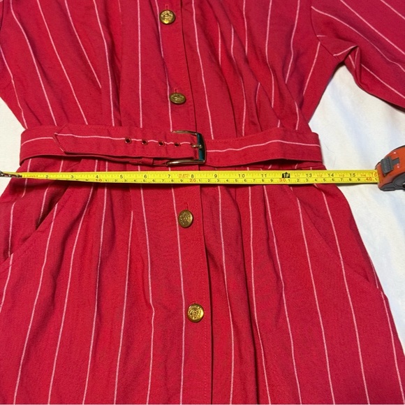70s Red Pinstripe Belted Shirt Dress Gold Buttons Vintage Size m - Picture 2 of 6